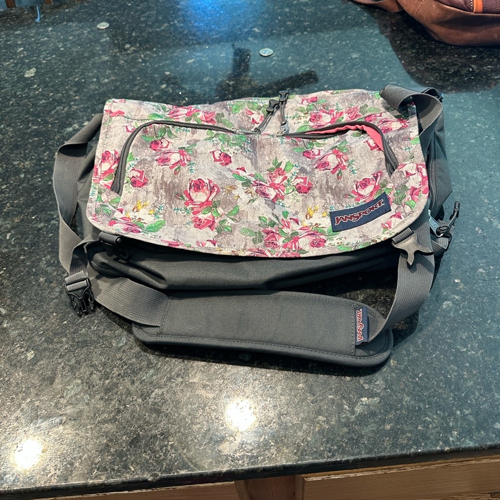 Jansport Gray and Pink Floral Messenger Bag